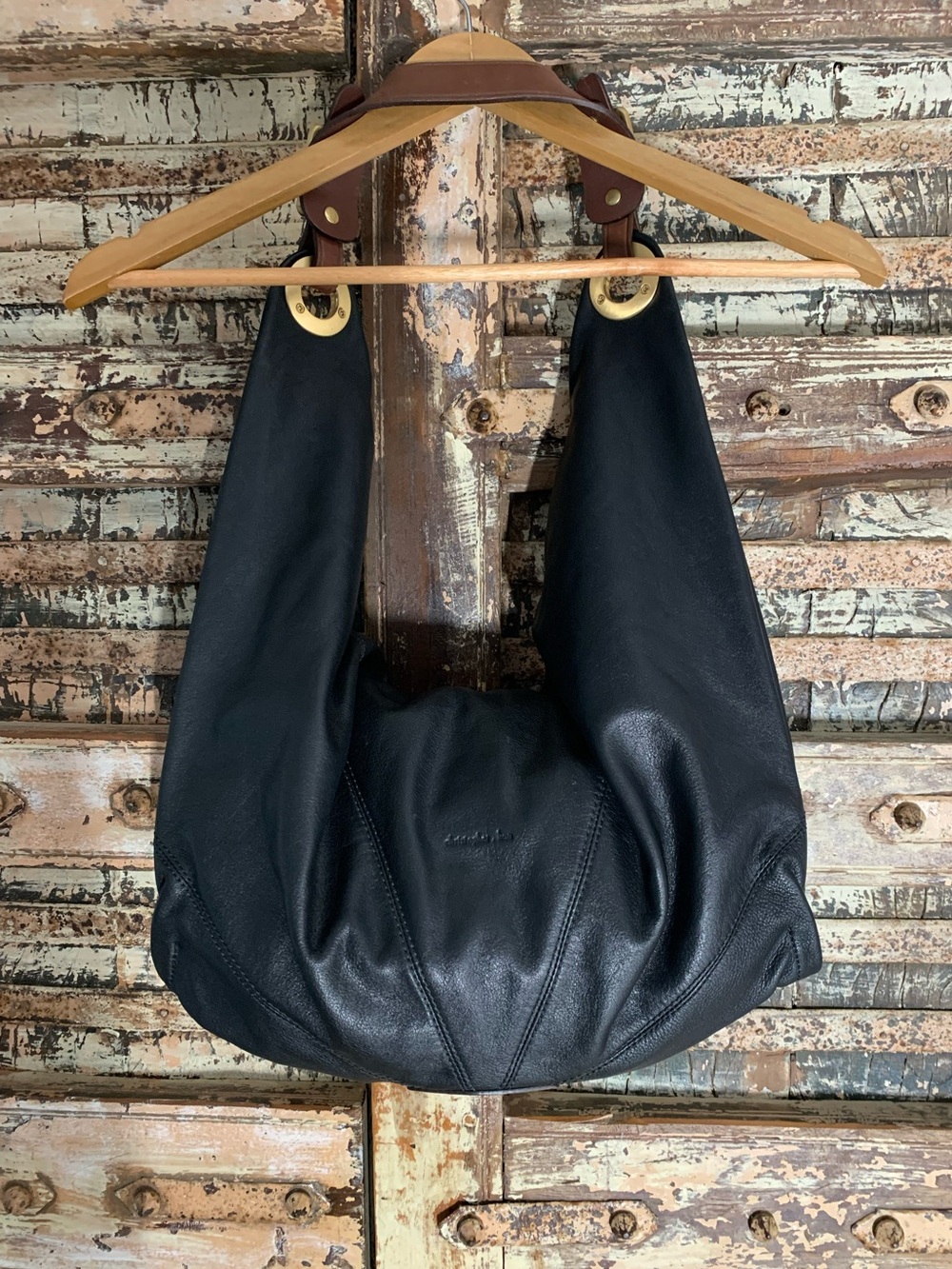 Christopher Kon Soft Black Leather Slouchy Hobo Bag Purse w/ Gold Hardware, EUC